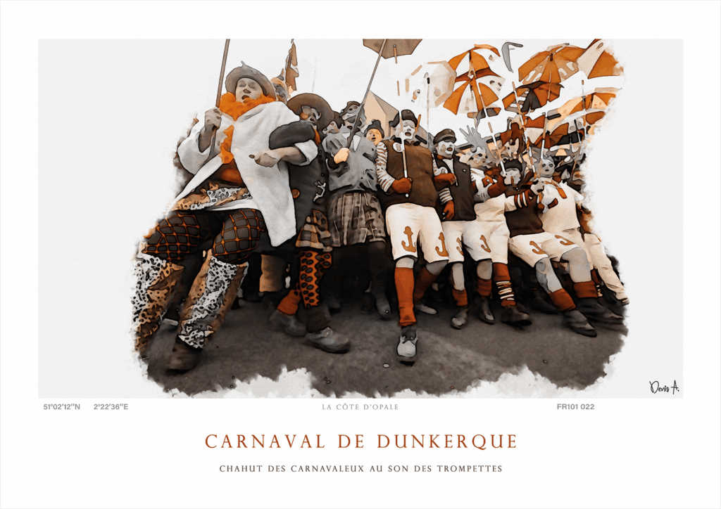 Affiche Beffroi Saint-Eloi - Dunkerque, Place du Beffroi 11 Affiche Carnaval de Dunkerque Chahut des carnavaleux au son des trompettes FR101 022 1