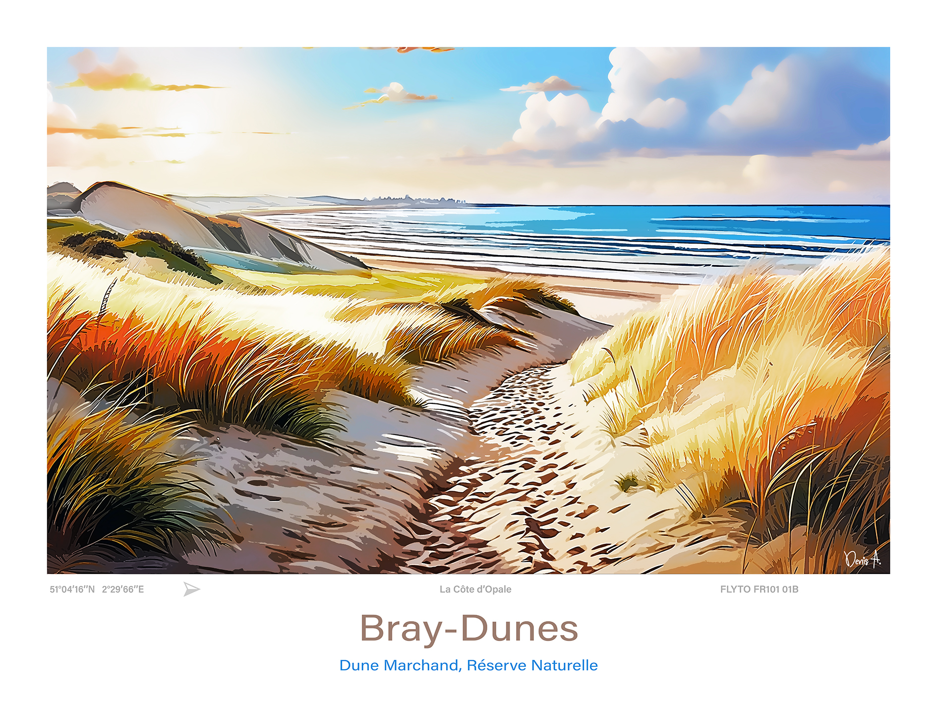 FLY TO Travel 53 Affiche Bray Dune Dune Marchand Illustration FR101 01B